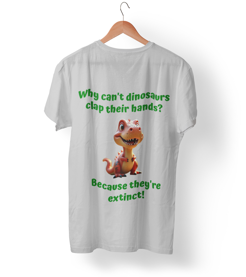 Dinosaur Joke T-Shirt — Cute T-Rex "Why can't dinosaurs clap their hands? Because they're extinct!" Graphic Tee