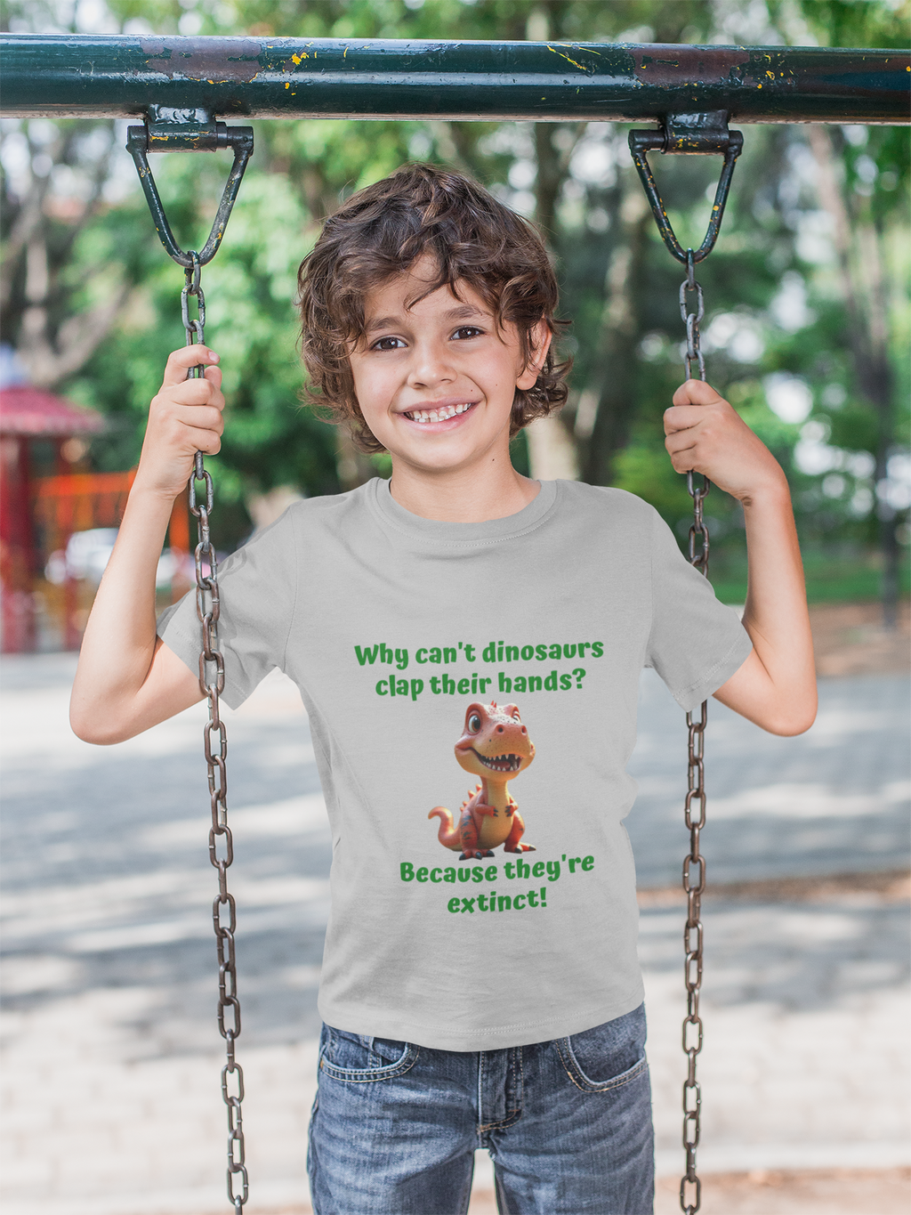 Kids T-Rex T-Shirt — Cute Joke "Why can't dinosaurs clap their hands? Because they're extinct!" Graphic Tee